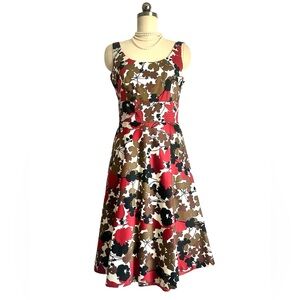 Retro Style Tea Dress Big Leave Print Sleeveless Midi Skirt Woman M Donna Ricco
